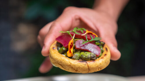 hand holds circle-shaped bite of food with colorful ingredients on top