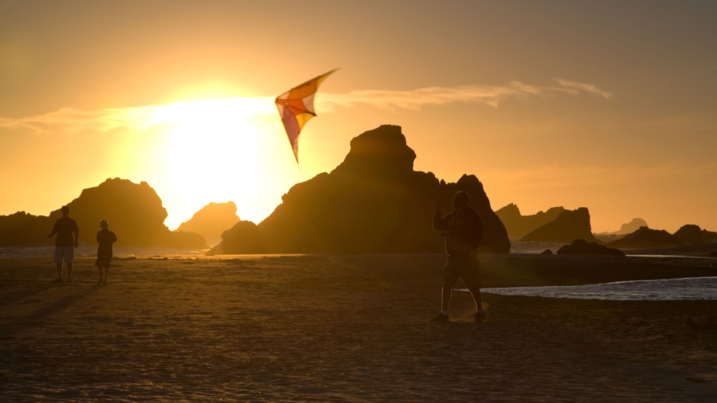 A person flying a kite at sunset in from of sea stacks
