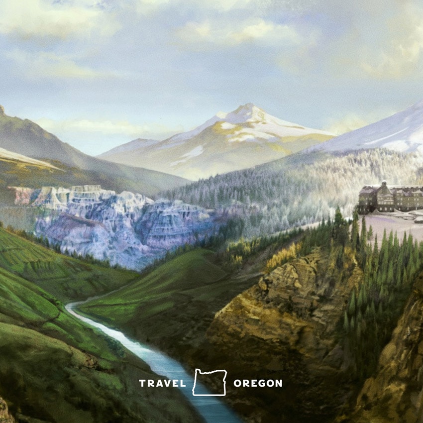 Illustration of Cascade Mountain Range with Mount Hood and Timberline Lodge in foreground