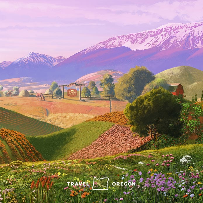 Illustration of lush rolling hills dotted with wildflowers in the foreground and a farm, Carmen Ranch, in the background