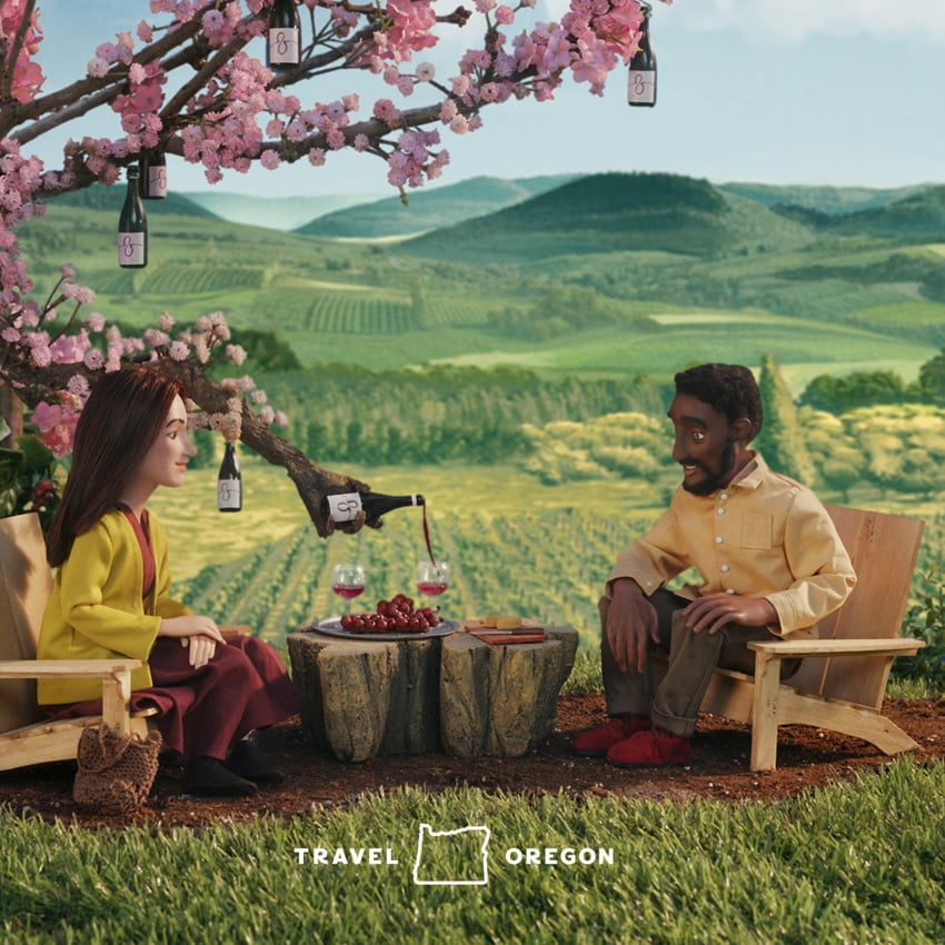 Illustration of two people drinking wine being poured by a blossoming tree branch with vineyards in the background