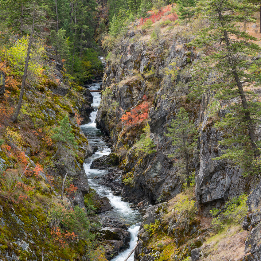 A river cuts through a narrow canyon.