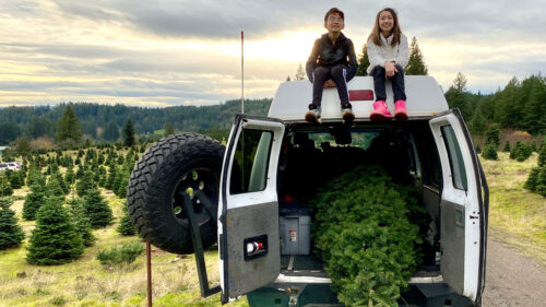 Two children sit smiling atop a white van that has it's back doors open. Inside the van is a small pine tree.