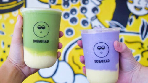 Green and purple colored bubble tea from Bobahead.