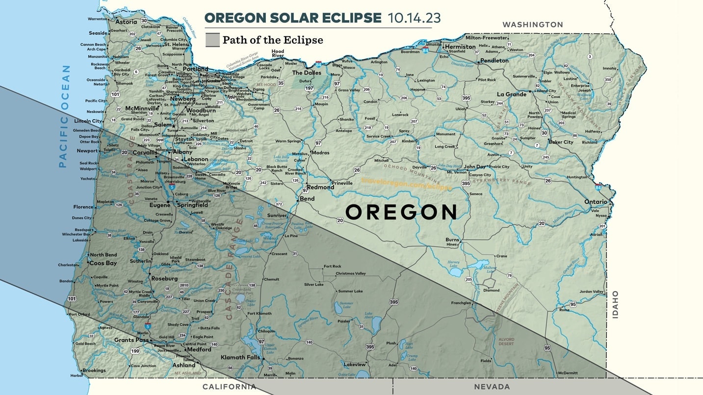 map of Oregon with shaded path showing eclipse path