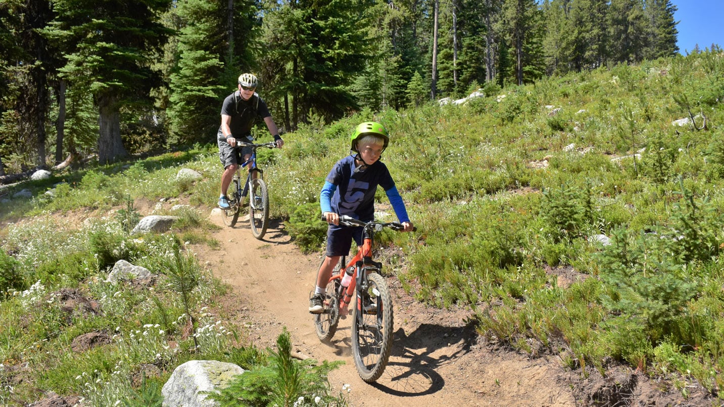 An adult and child riding mountain bikes along a trail.