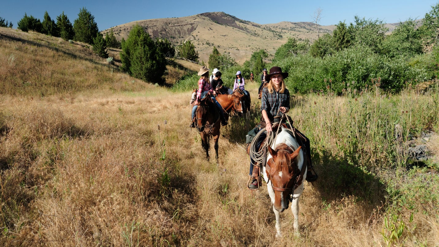 A group of riders on horses along a grassy trail.