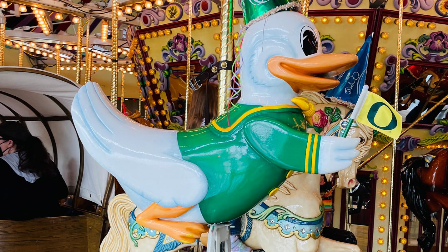 A carousel animal of the University of Oregon duck mascot. Go Ducks!
