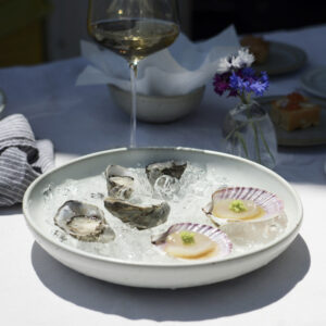 A plate of oysters and a glass of wine.