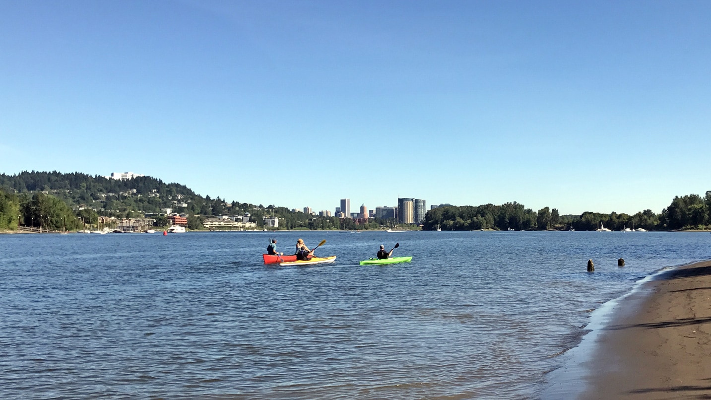 Kayakers on the Willamette River in Sellwood Park.