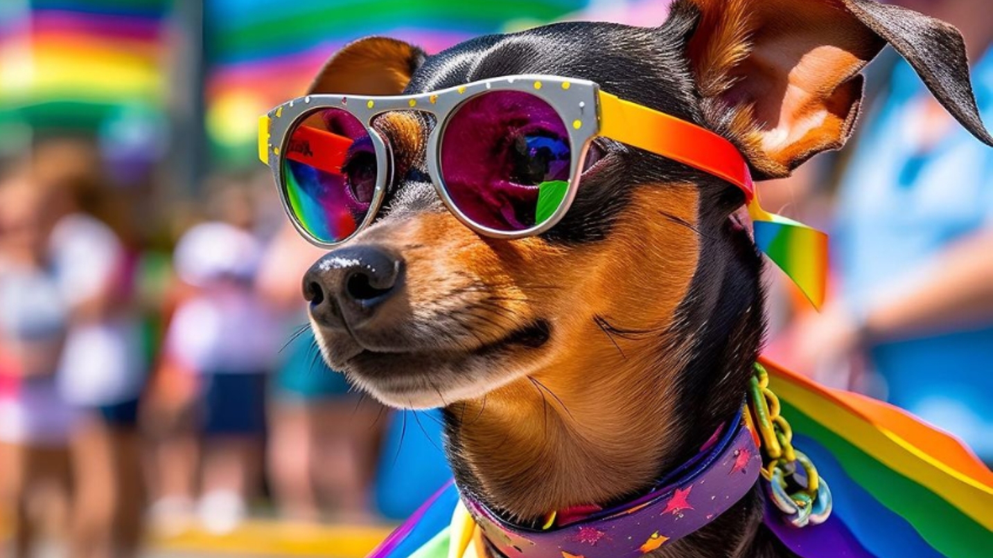 A dog wears rainbow glasses, collar and bandana