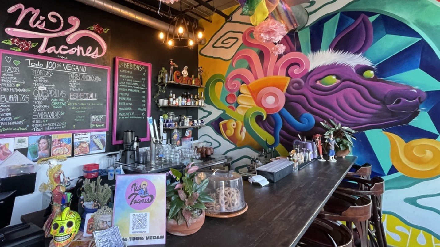 Inisde view of bar and mural of a colorful Xoloitzcuintle (Mexican dog breed).