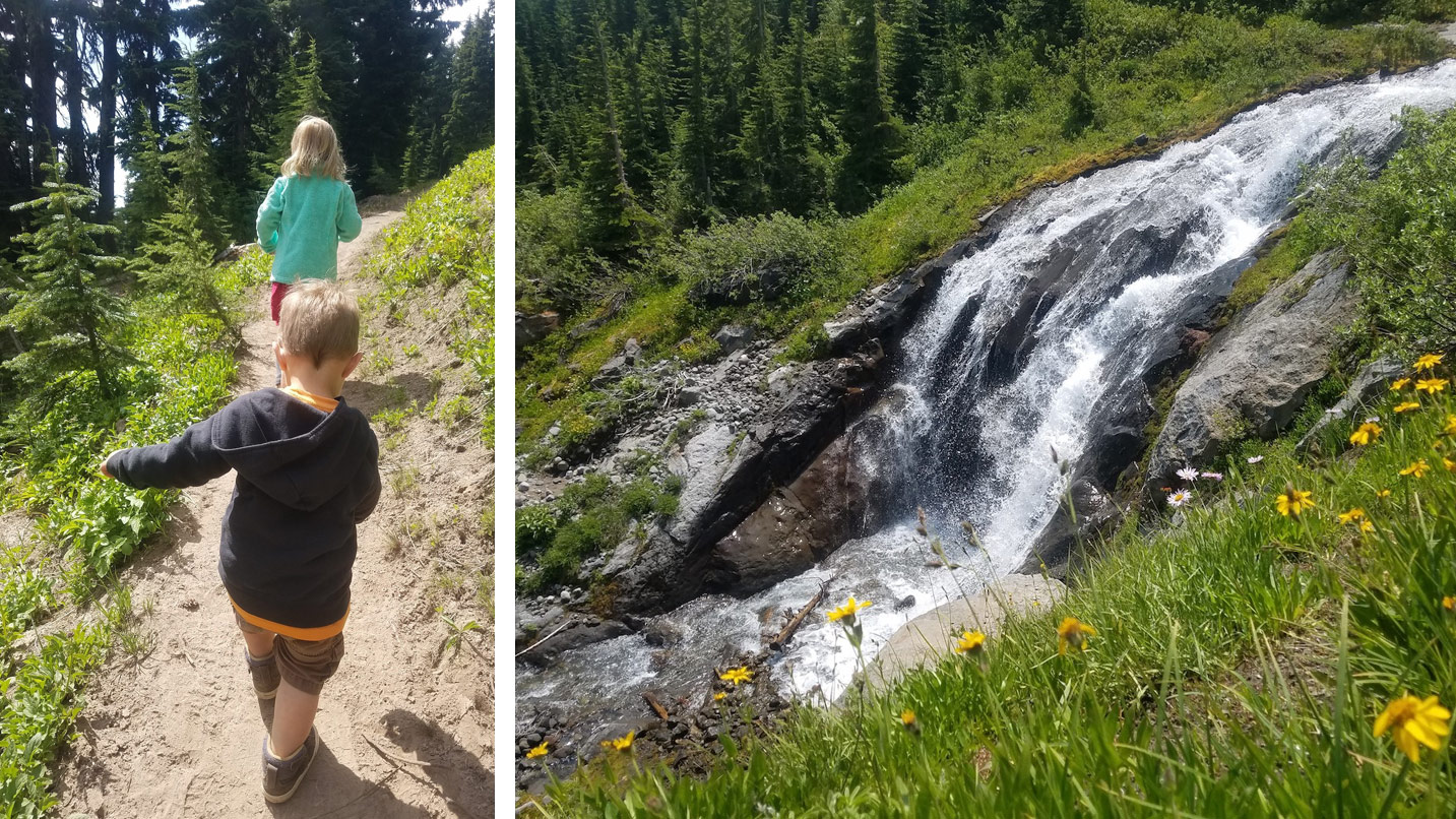 Children hiking to a small waterfall.
