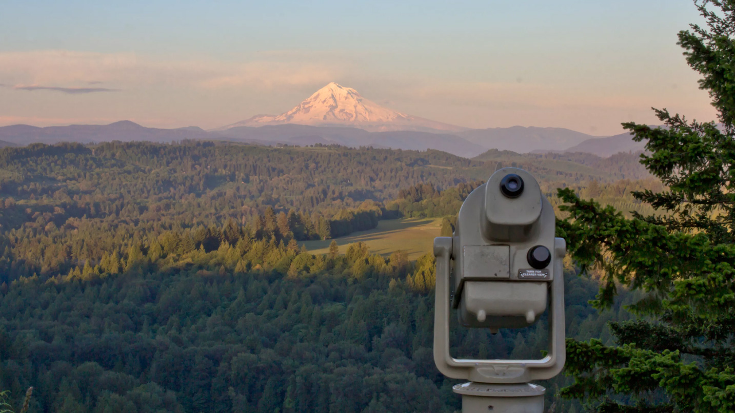 A viewfinder with a magnificent view of Mt. Hood in the distance.