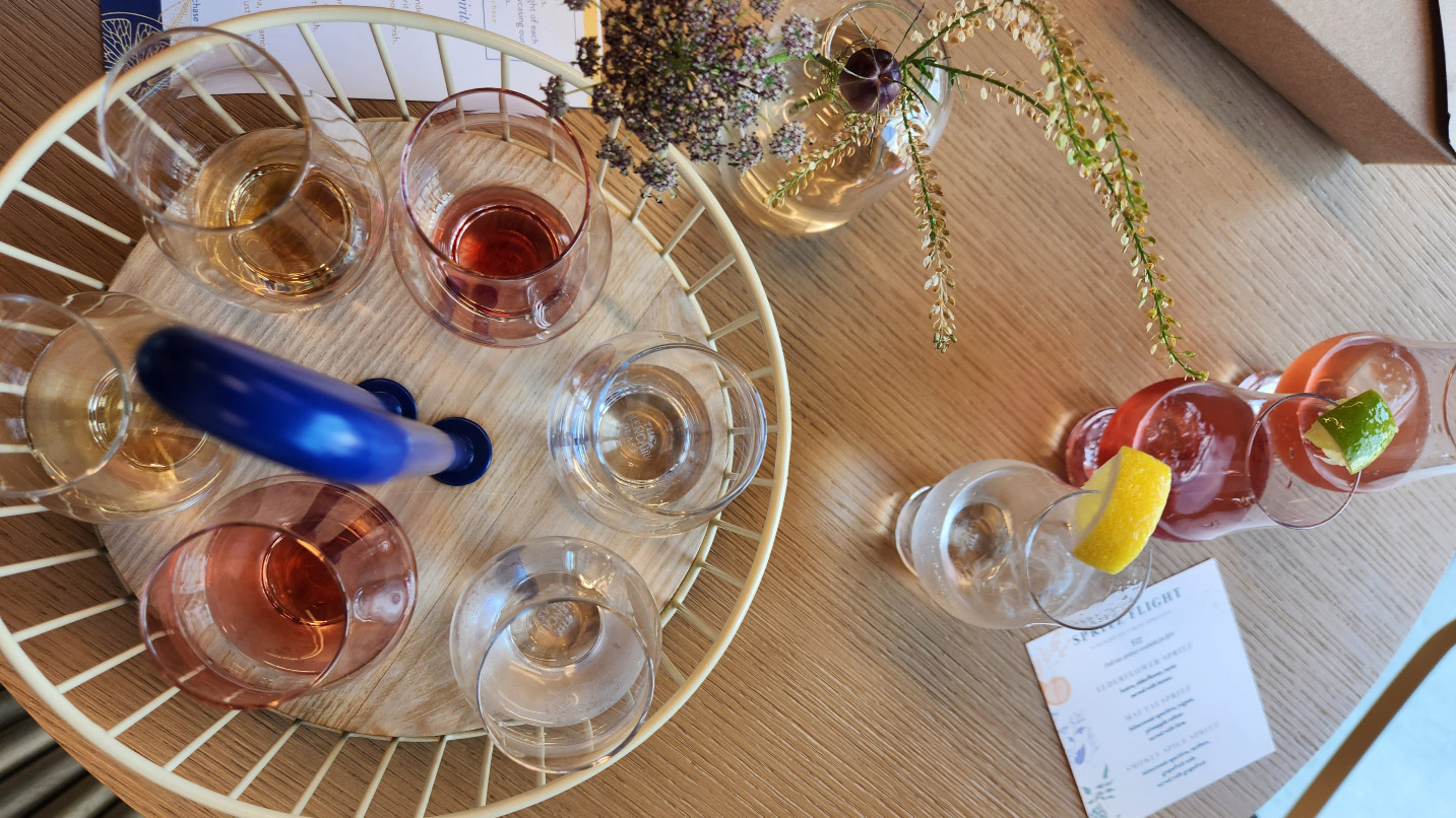A flight of non-alcoholic cocktails.