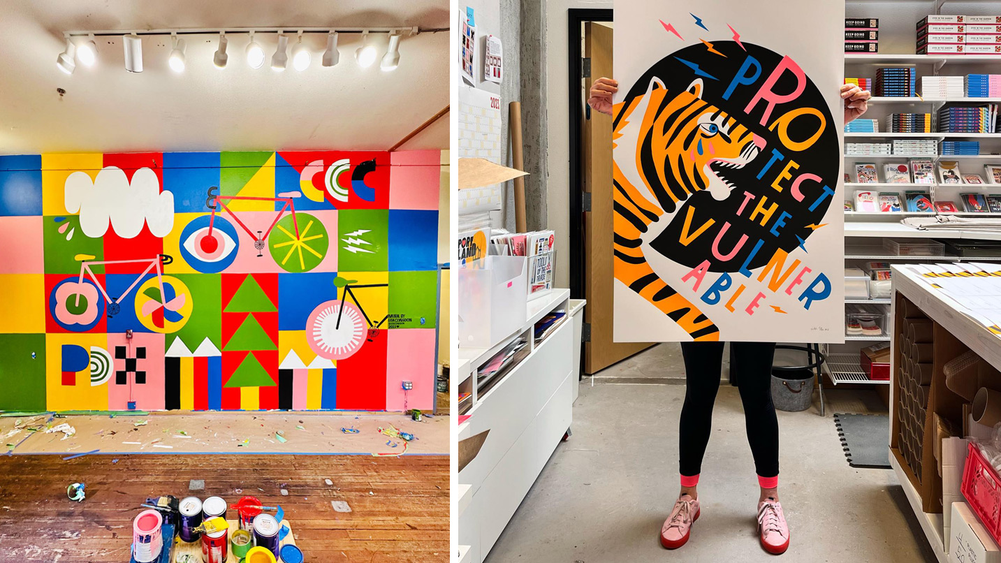 Collage image of two of the artists work. On the left, a mural of abstract bicycles. On the right, a person hold a poster size print of a tiger with the words "protect the vulnerable"