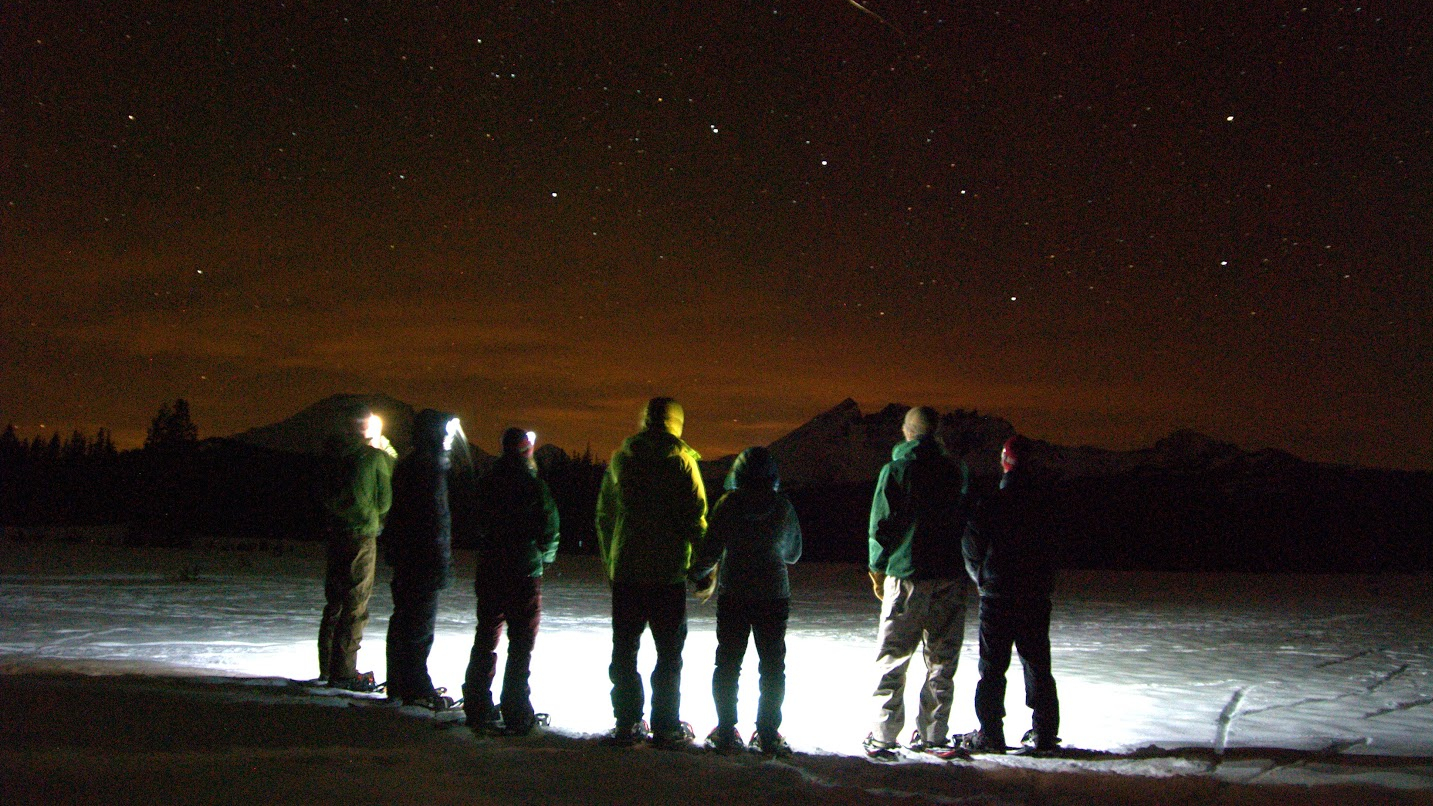Group of people stand on the snow with starry sky above