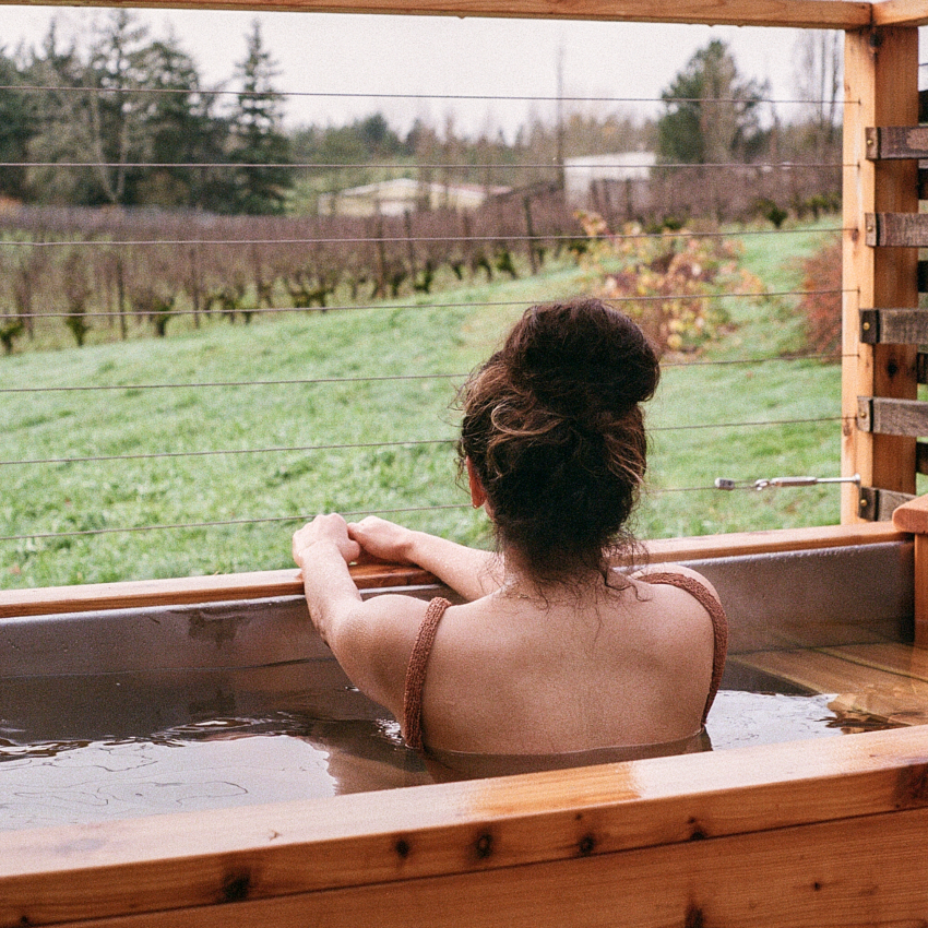 Woman in wooden sauna looks out into misty vineyard