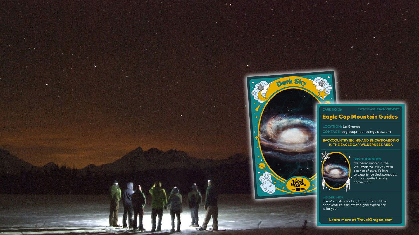 Group of people look up at dark night sky. Darksky's playing card is displayed to the right.