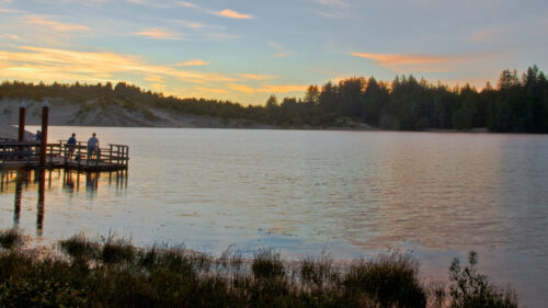 A fishing dock at sunset