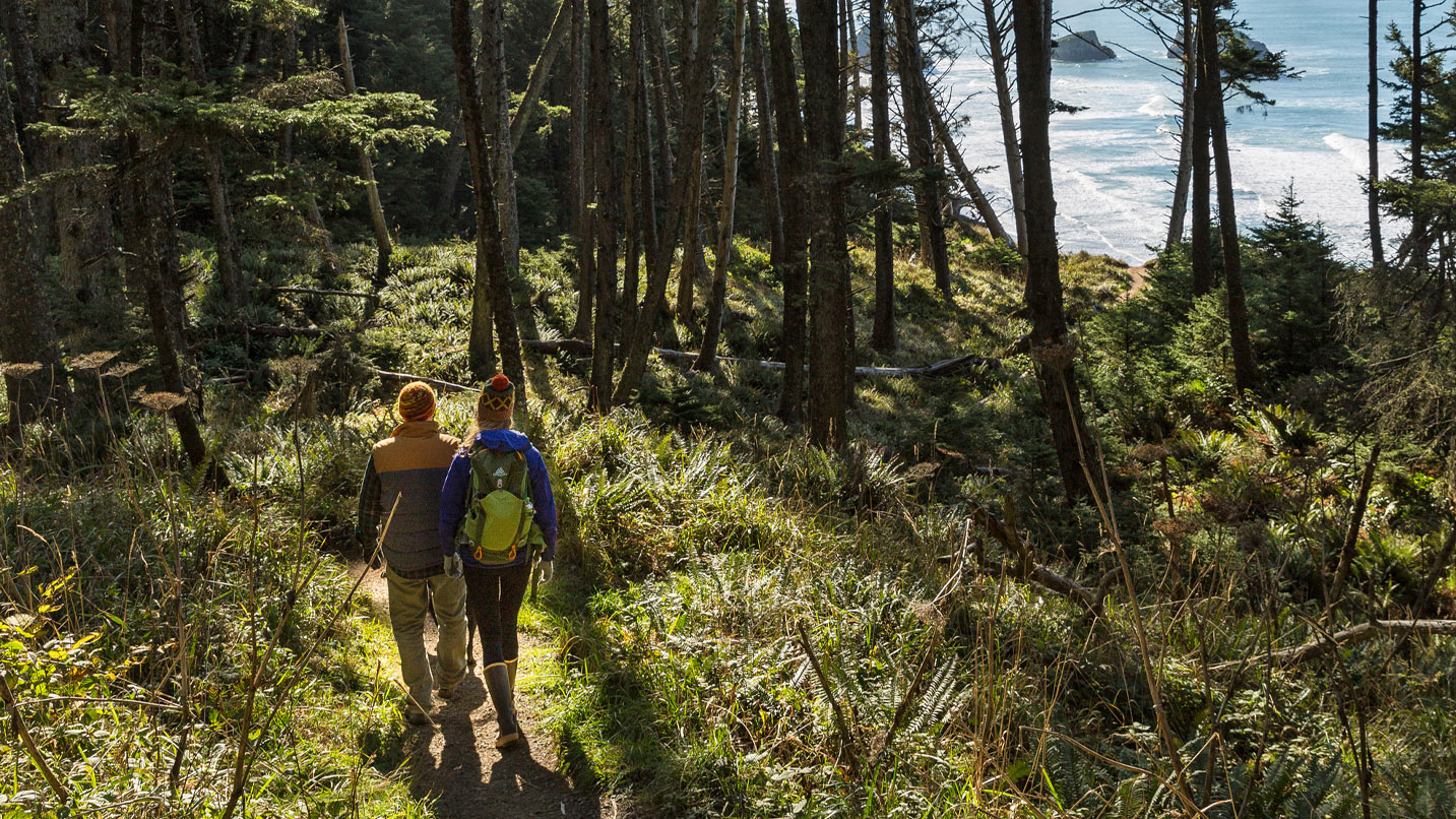 Two people hiking on a trail at Ecola with a view of the ocean.