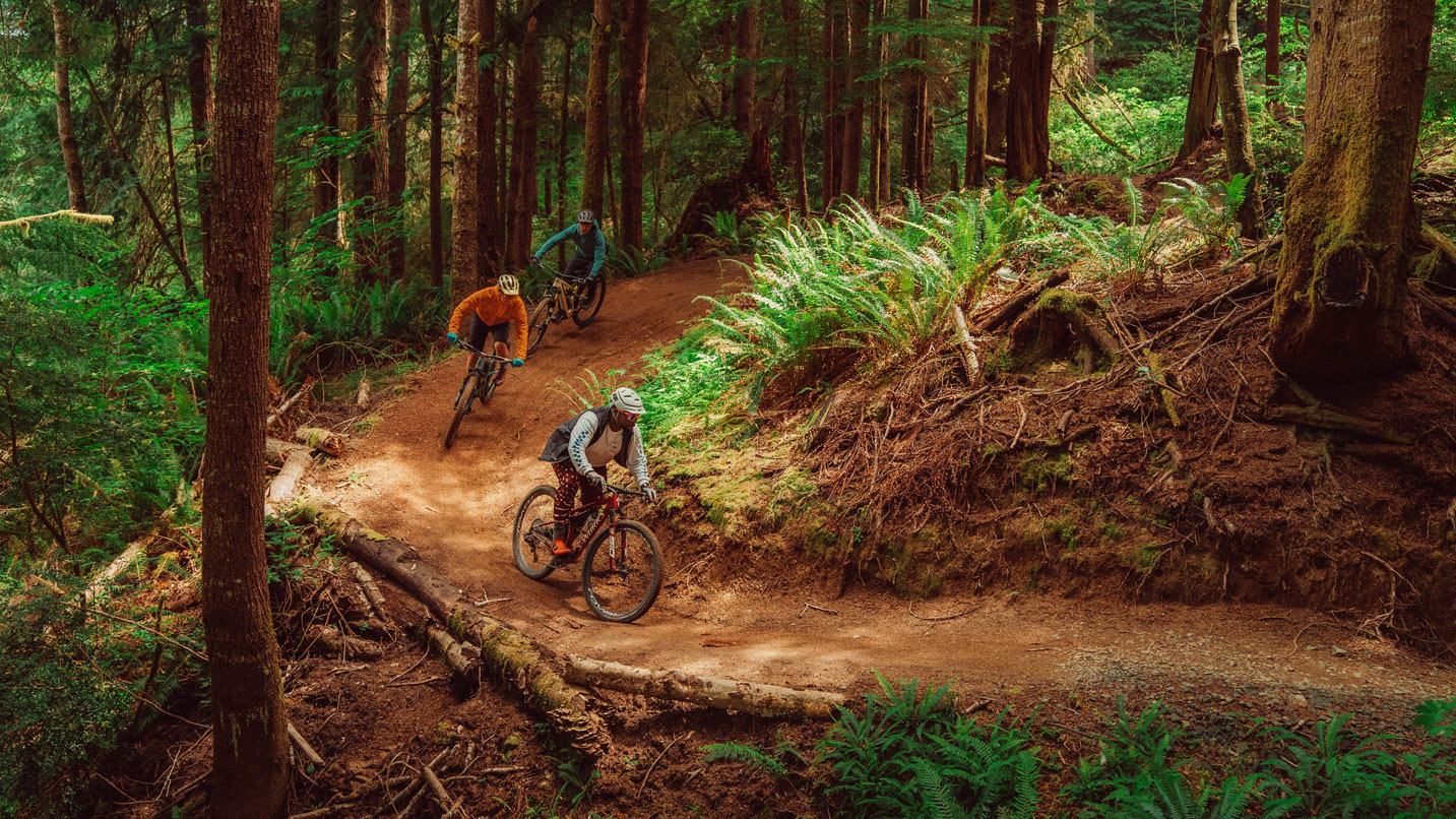The mountain bicyclists in helmets and gear whiz by on a dirt trail in a forested part of the Whiskey Run area.