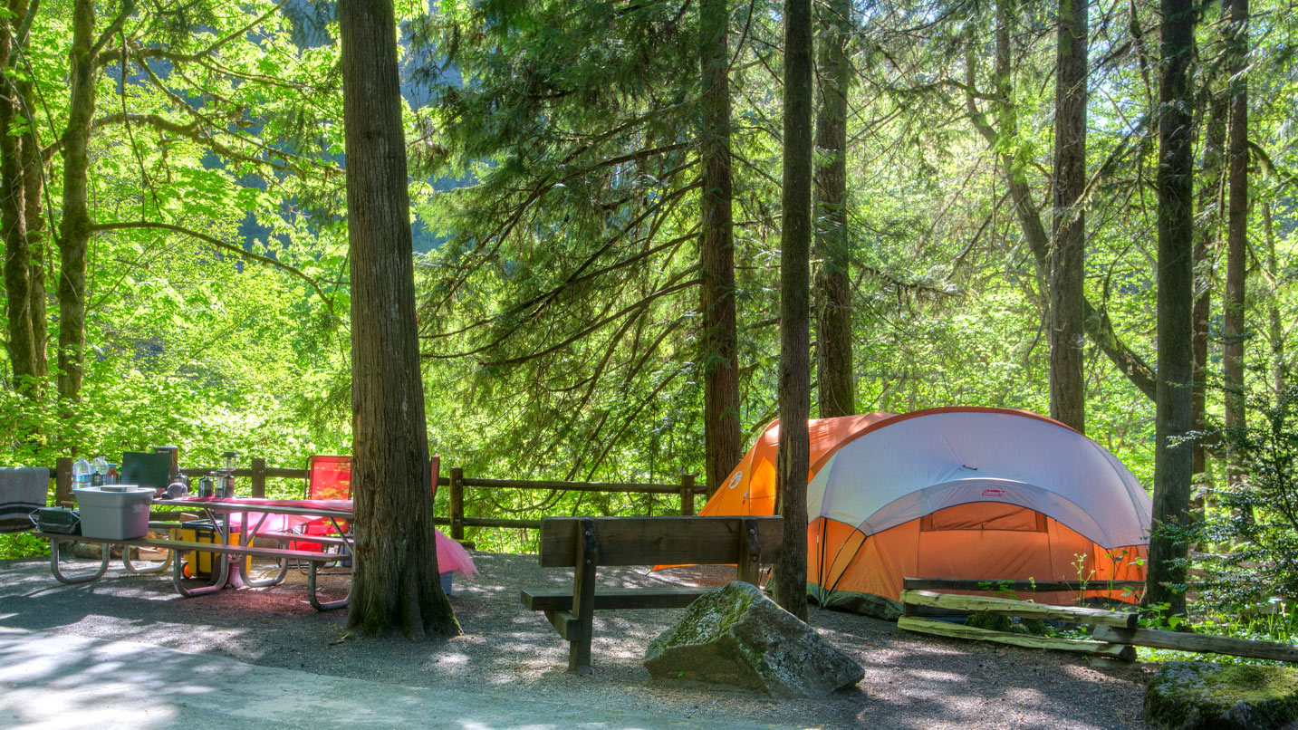 A camping site with an tent, bench and picnic table.