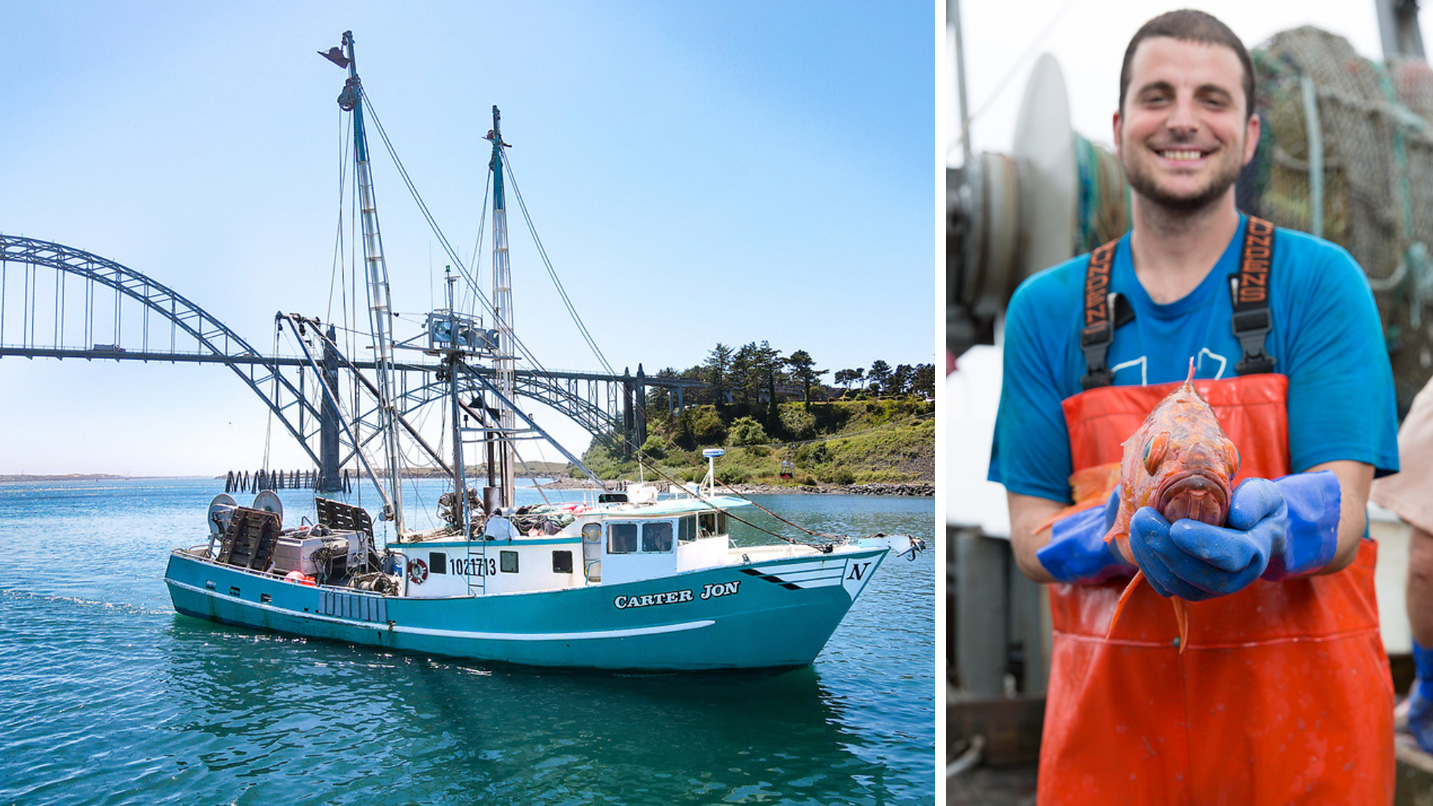 Fishing boat "Carter Jon" sails near a coastal bridge under clear skies. Nearby, a smiling person in work attire holds a fish, standing on the deck.