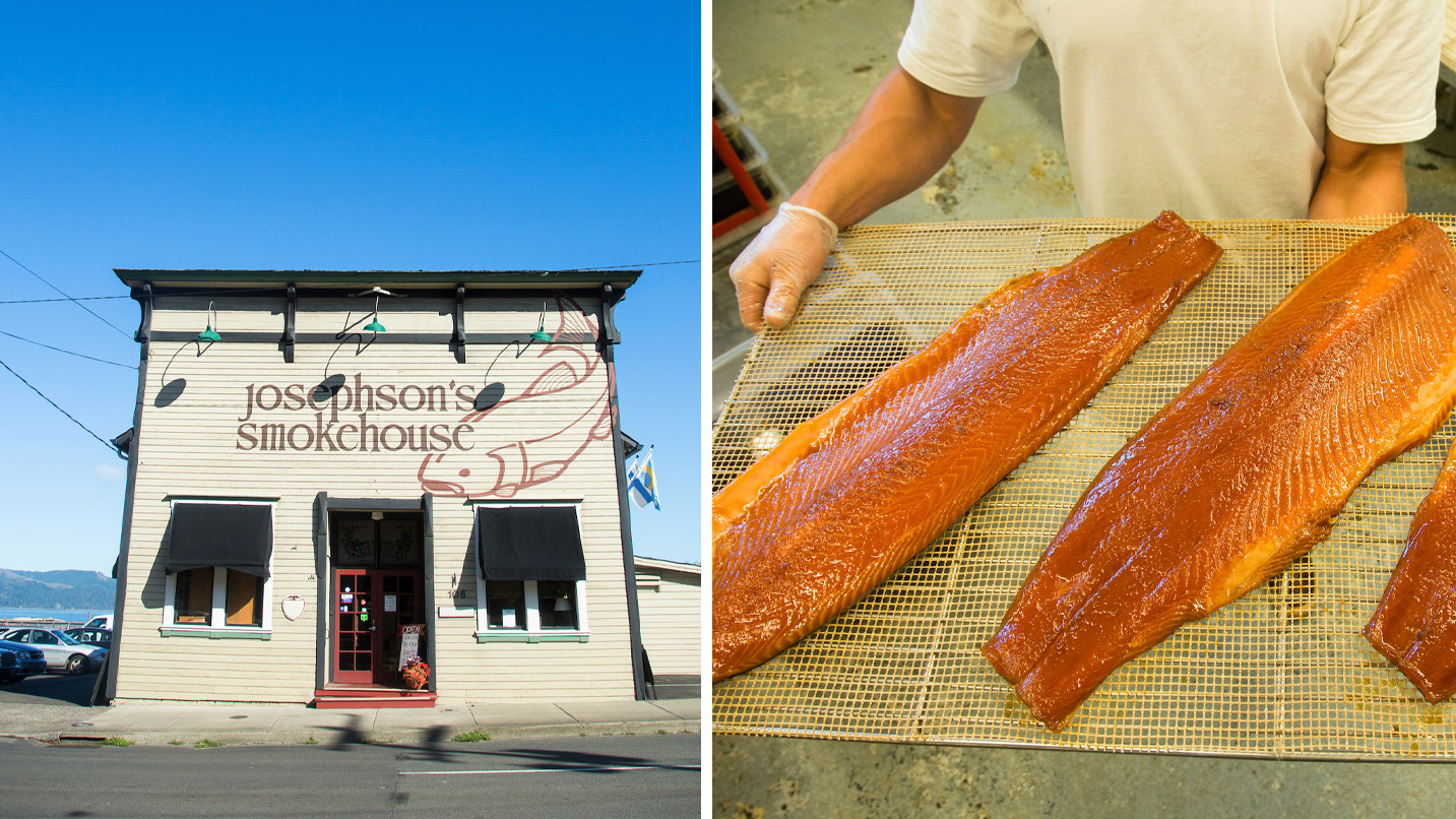 Left: A wooden building labeled "Josephson's Smokehouse" with black awnings under a clear blue sky. Right: A person holding a metal rack with two large, glazed fish fillets on a kitchen counter.