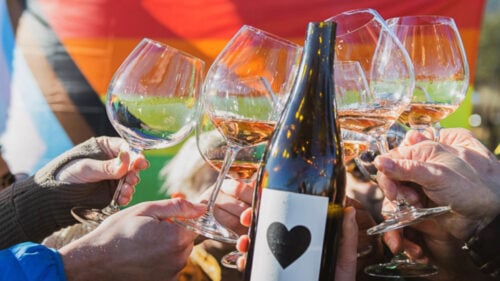 Close up of a wine bottle and several glasses of wine cheering with a pride flag in the background.