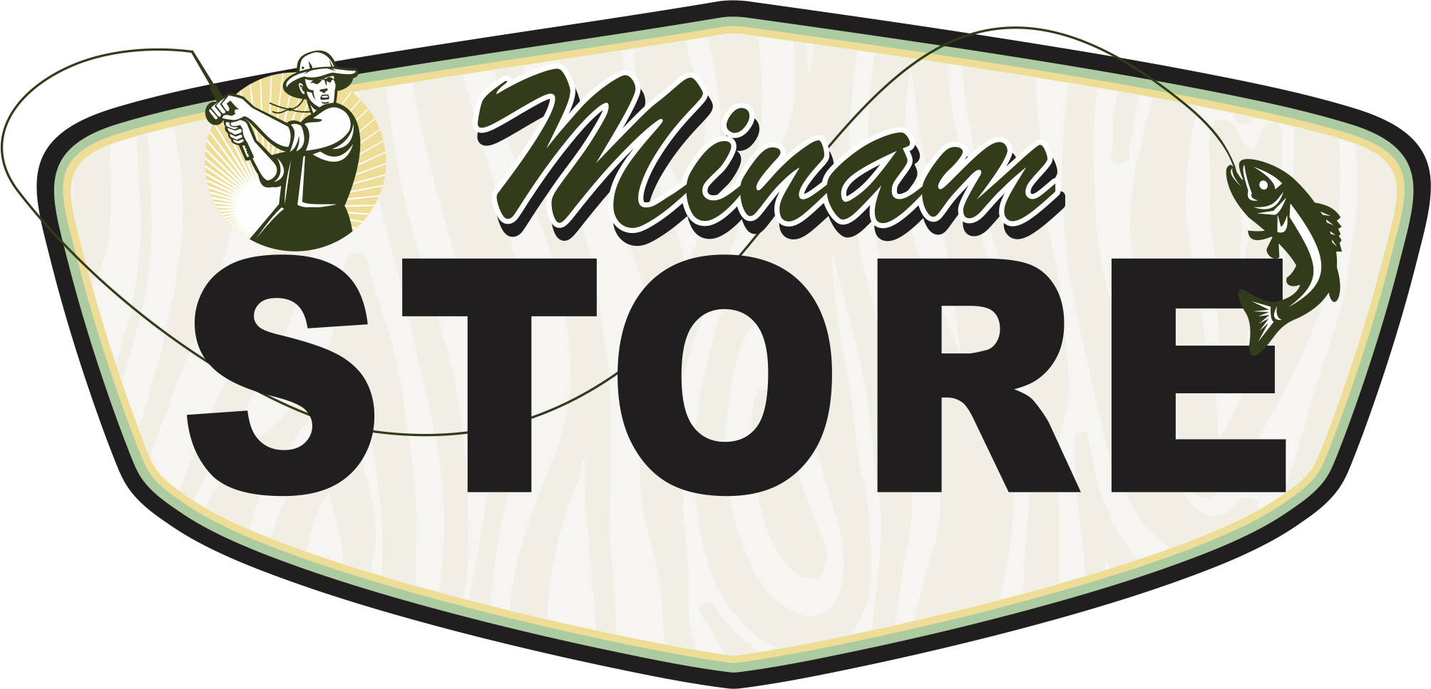 A stylized emblem features an angler holding a fishing rod, reeling in a fish. Text reads "Minam STORE" on a wooden background.