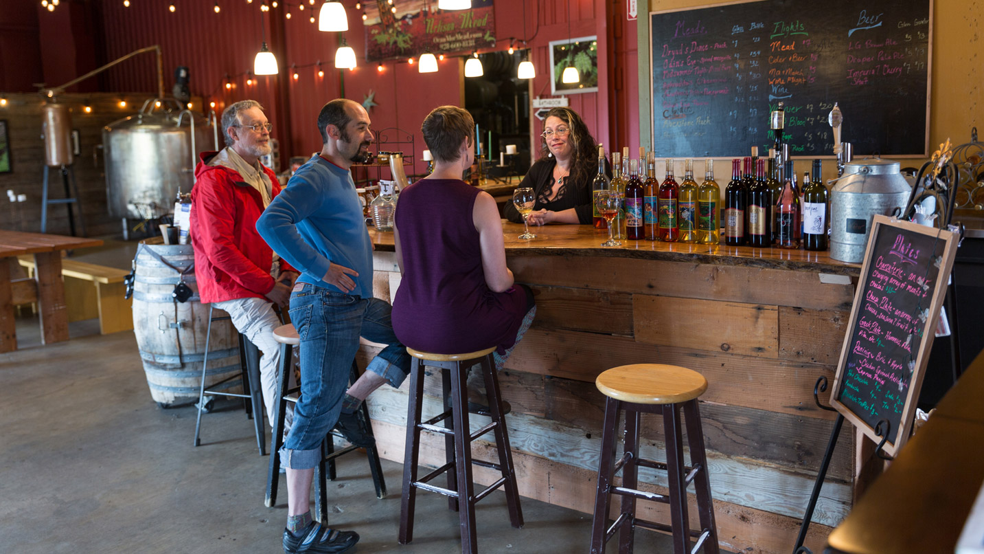 A few people sit at a wine counter.