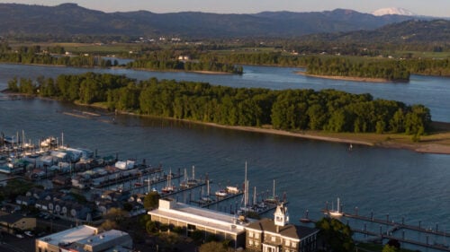 View of the small forested island and marina in St. Helens.