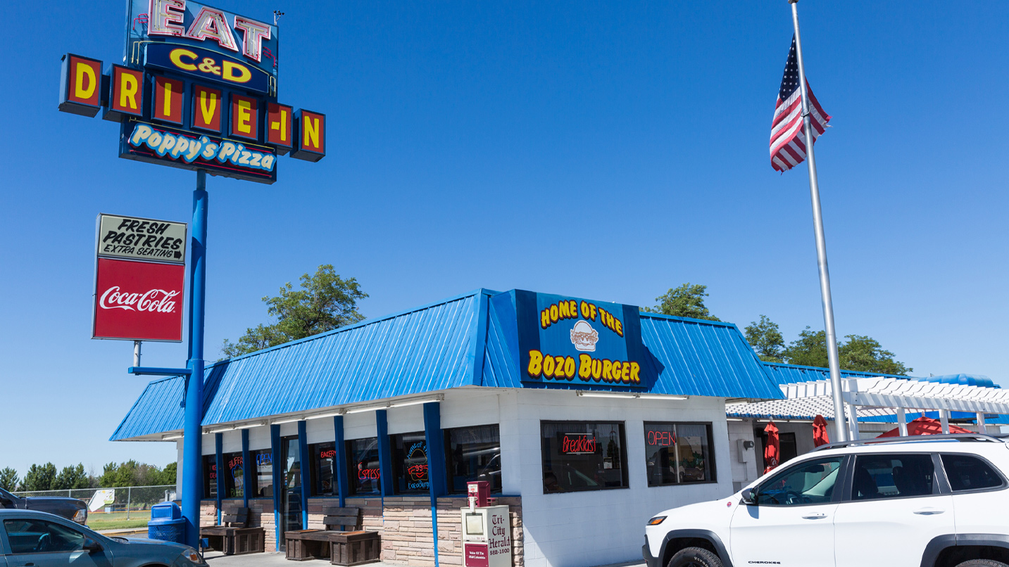 Exterior of a drive-in restaurant.