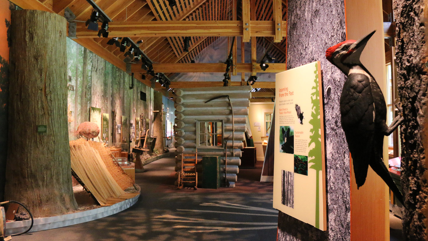 Interior of the forestry center with exhibits and a woodpecker sculpture.