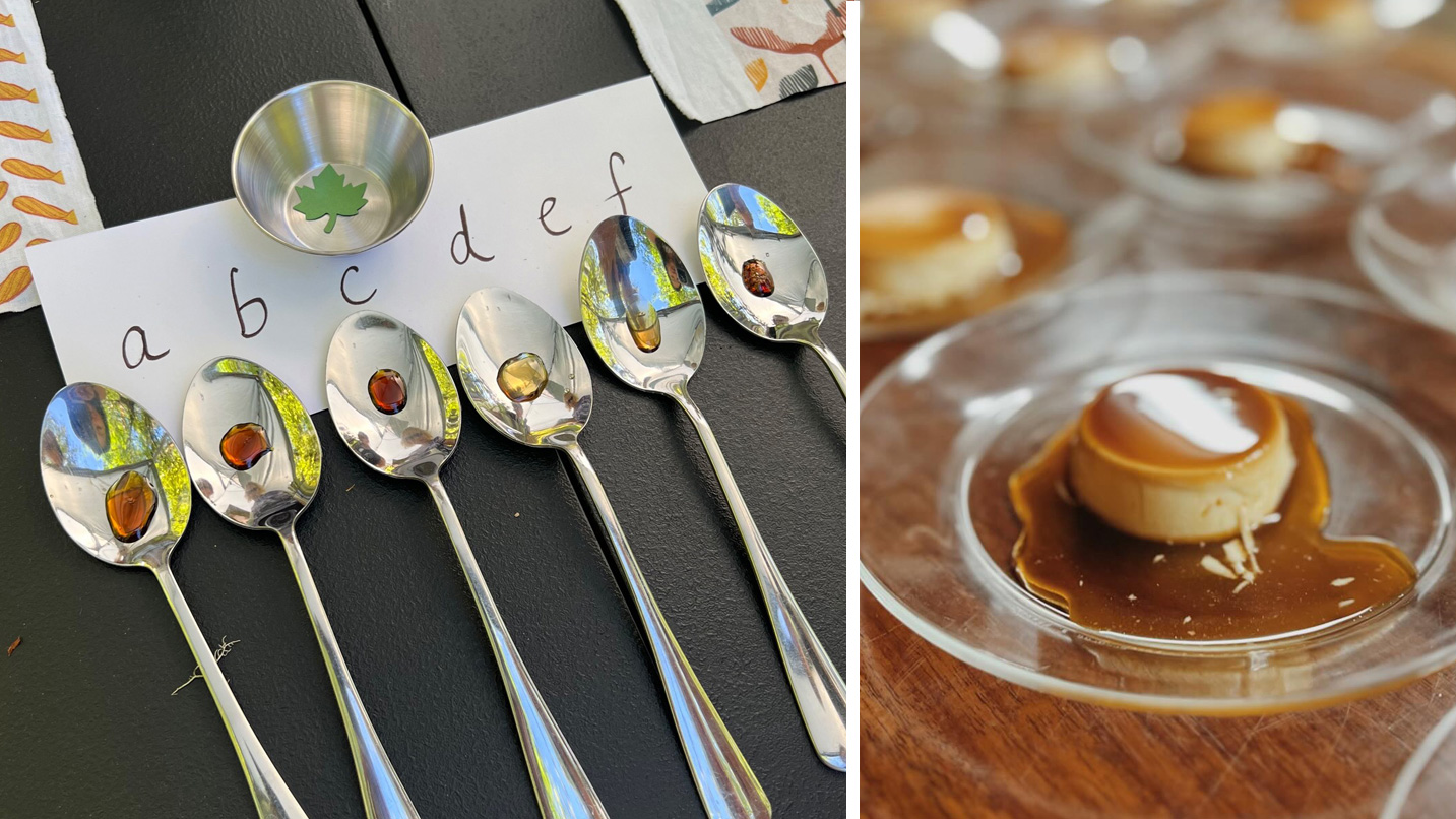 Spoonfuls of different maple syrup are lined up to taste and maple syrup is used in a plate of food.