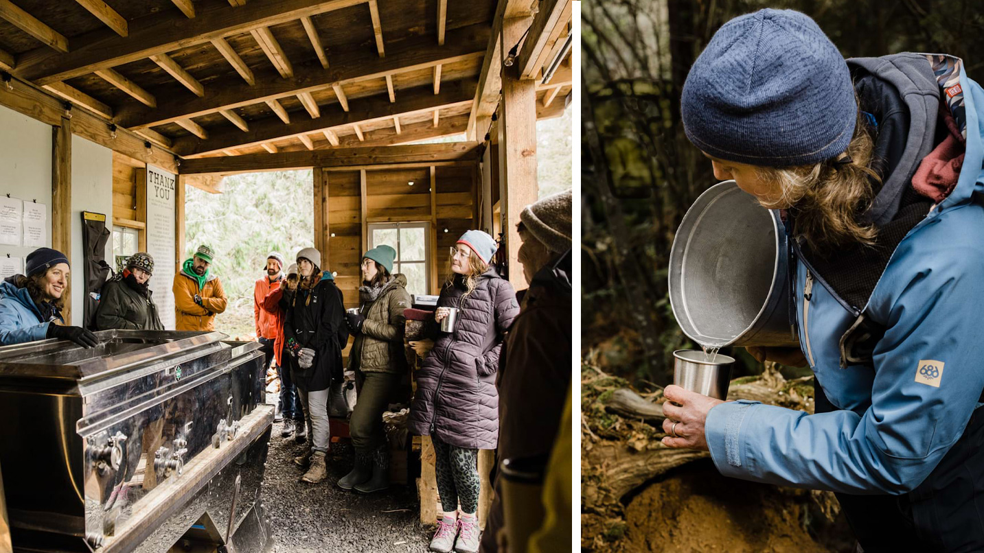 People gather inside a building while a person outside pours syrup from a tin can.