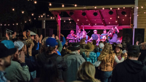 A small outdoor stage at night with lights strung above a crowd of people.