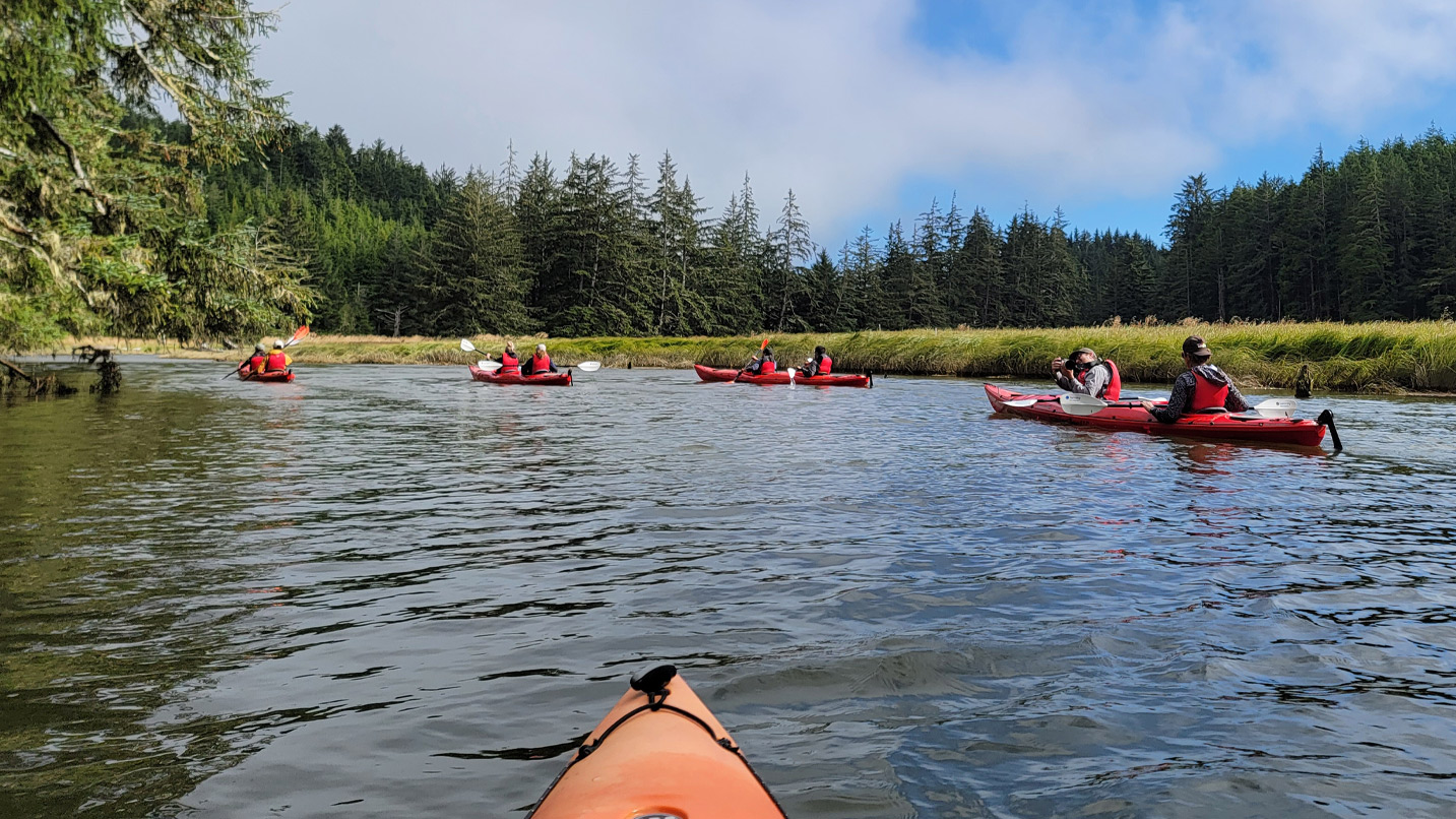 Kayakers paddle along a narrow winding river.