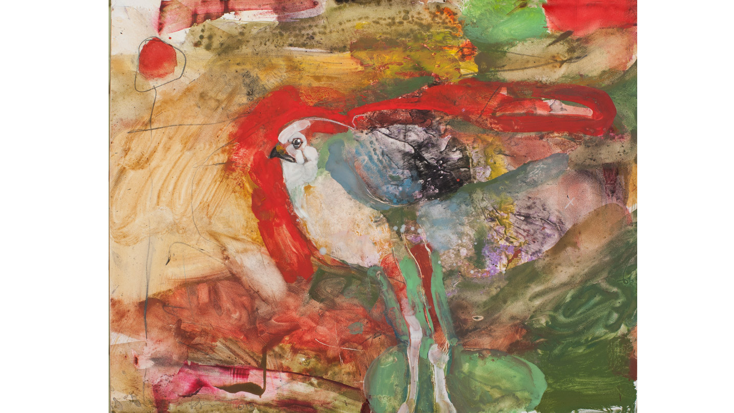 A colorful painting of a bird.