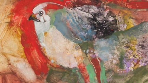 A colorful painting of a bird.