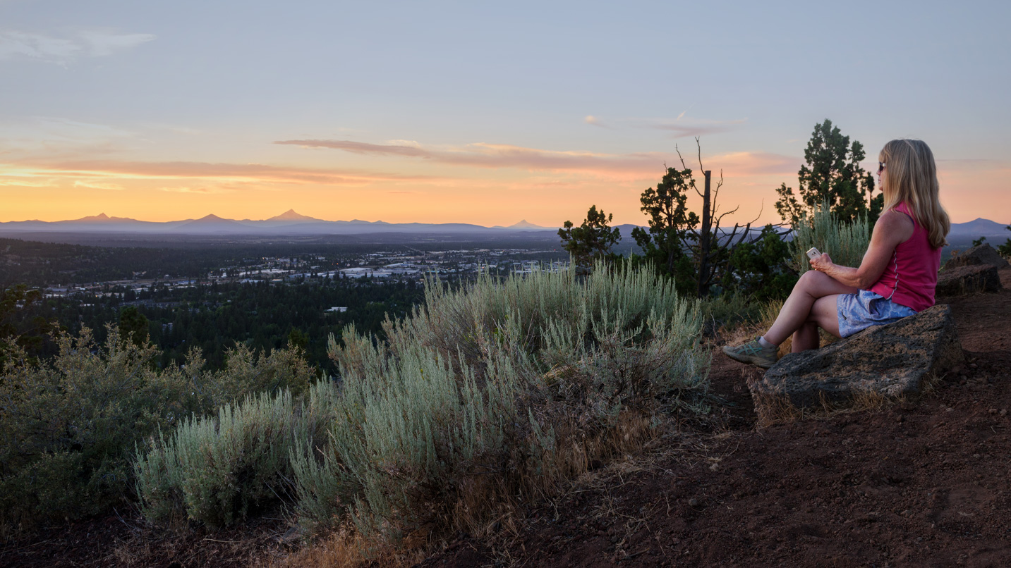 Views of Bend and the mountains from the top of Pilot Butte.