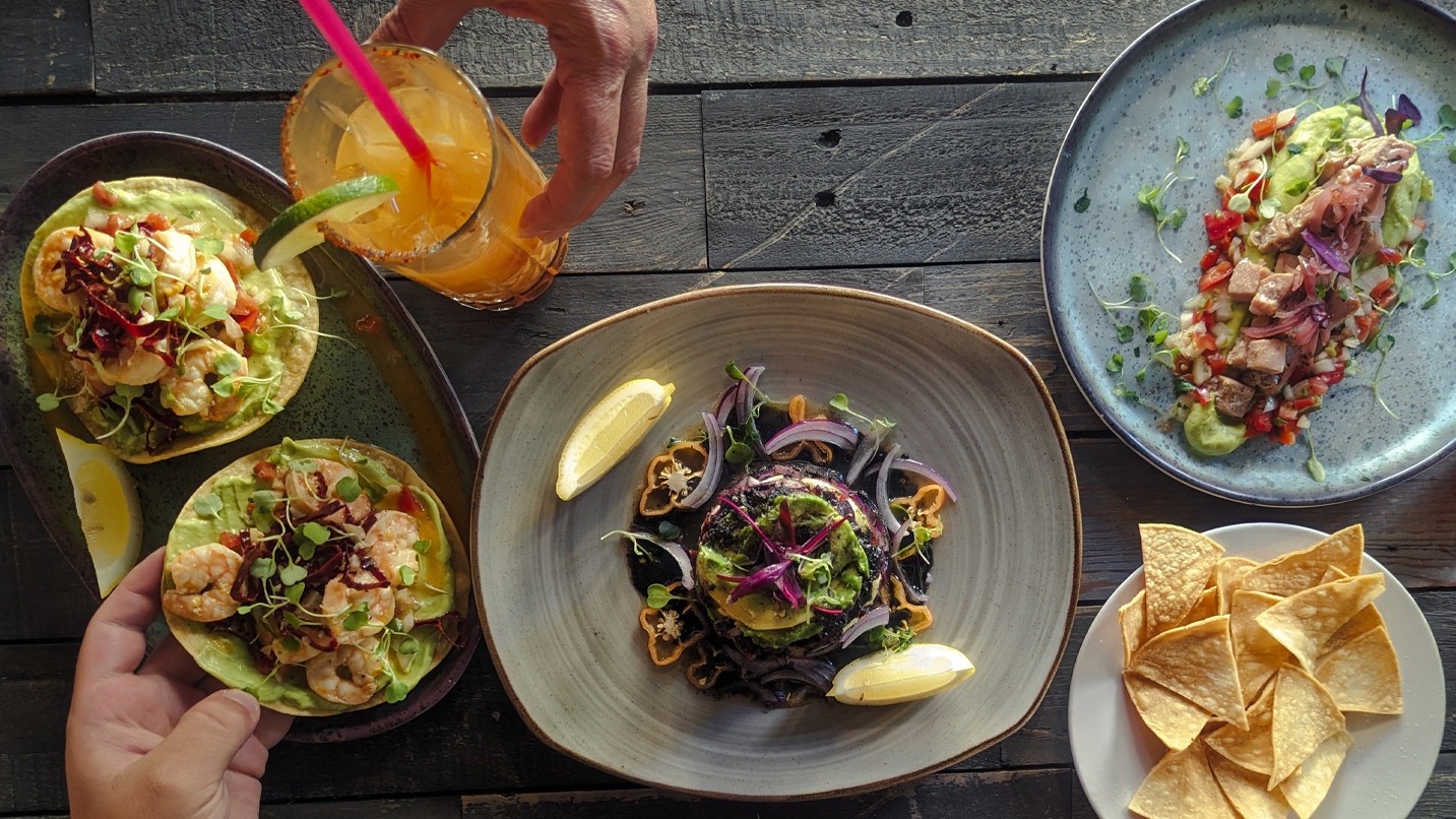 Fancy Mexican inspired shrimp and fish dishes.