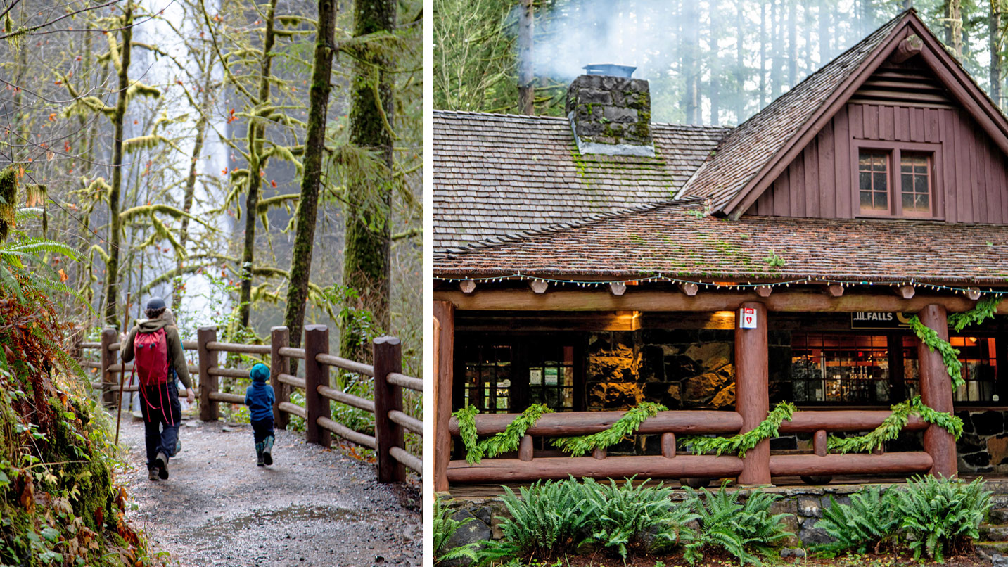 And adult and child hike on wet trail toward a waterfall; a cafe in a wooden building.