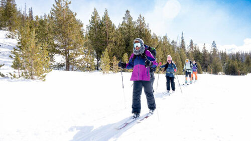 A group of skier single file on a sunny day.