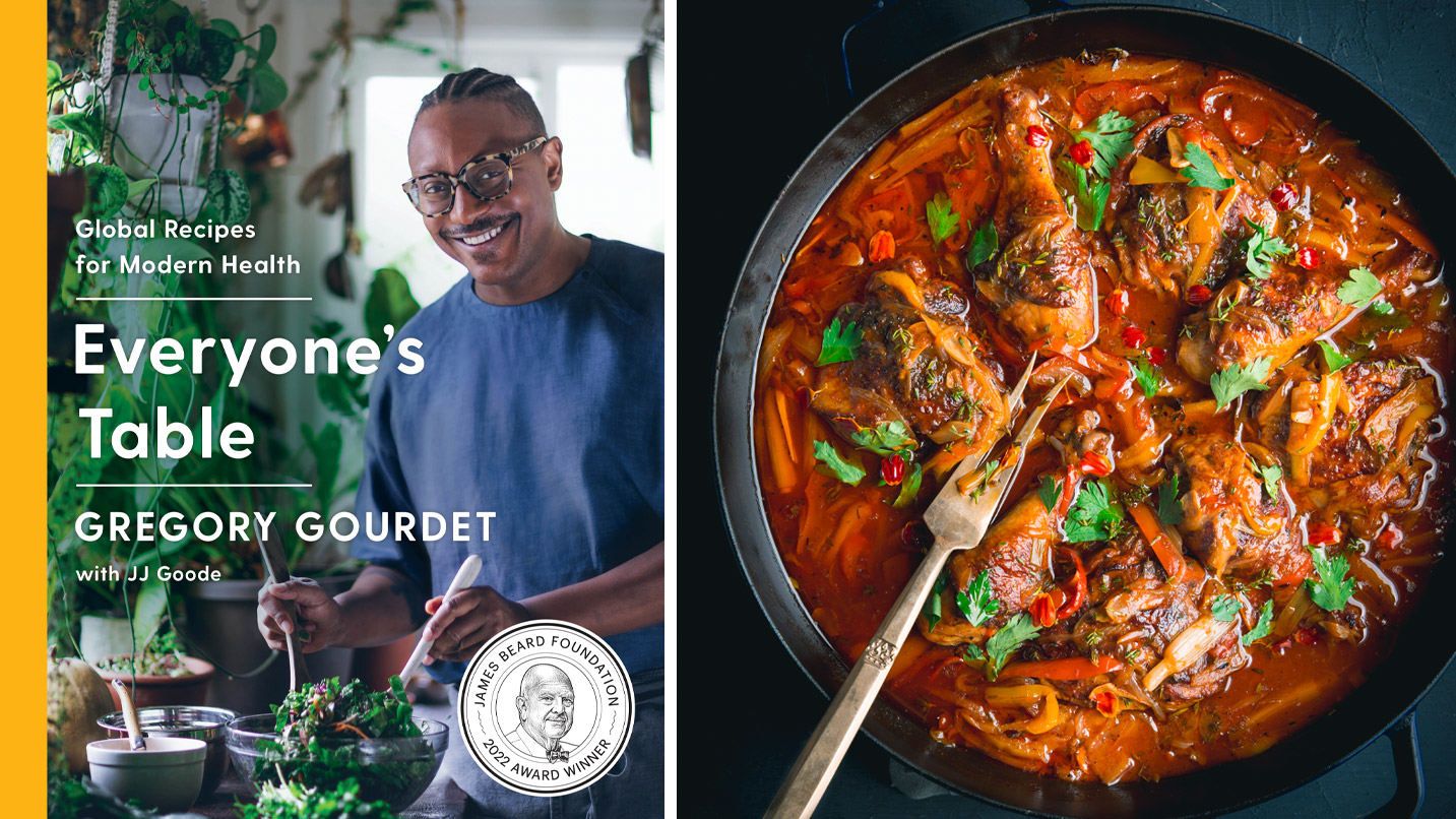 On the left: the cover of "Everyone's Table" by Gregory Gourdet, featuring a picture of the chef. On the right: A poule nan sos, a Haitain braised chicken dish.