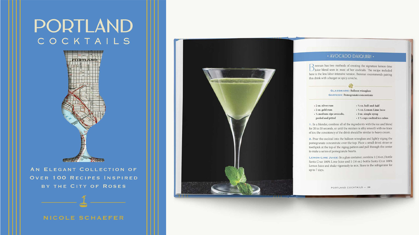 On the left: the cover of "Portland Cocktails". On the right: the cookbook opened to a page with a recipe and photo of a bright green avocado daiquiri.