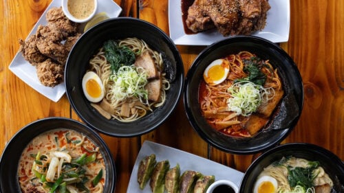 Bowls of tonkatsu, shoyu and fried chicken karaage.