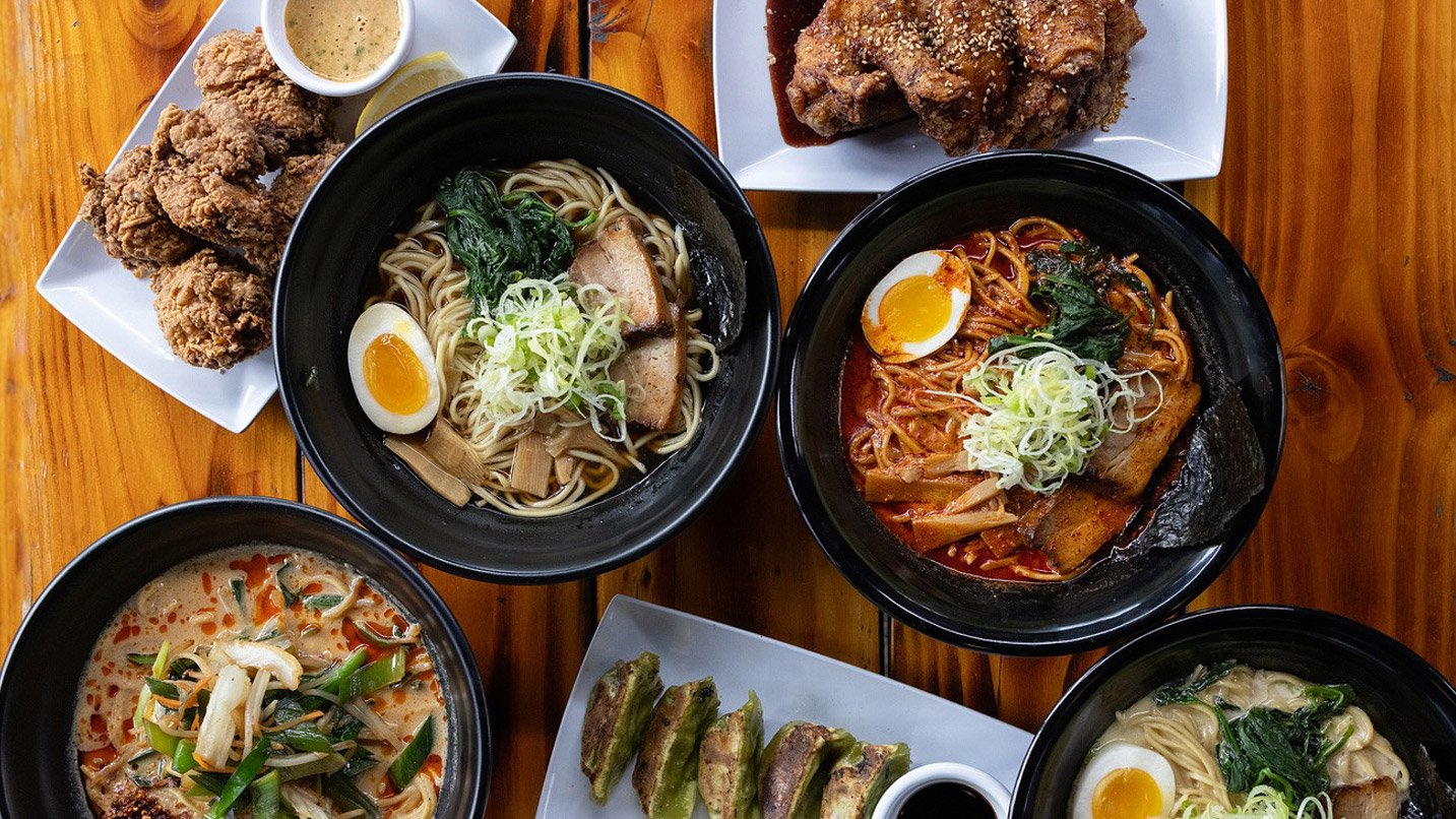Bowls of tonkatsu, shoyu and fried chicken karaage.