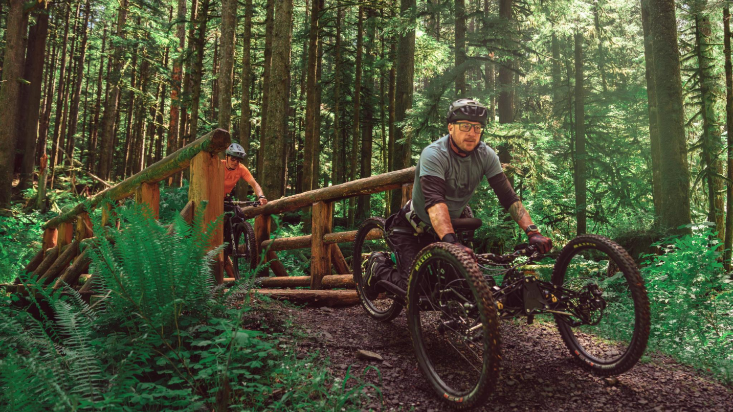 Mountain bikers ride across bridge on dirt trail in forest